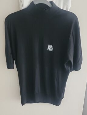 Prada Black Knit Top with Teal and White Logo Patch